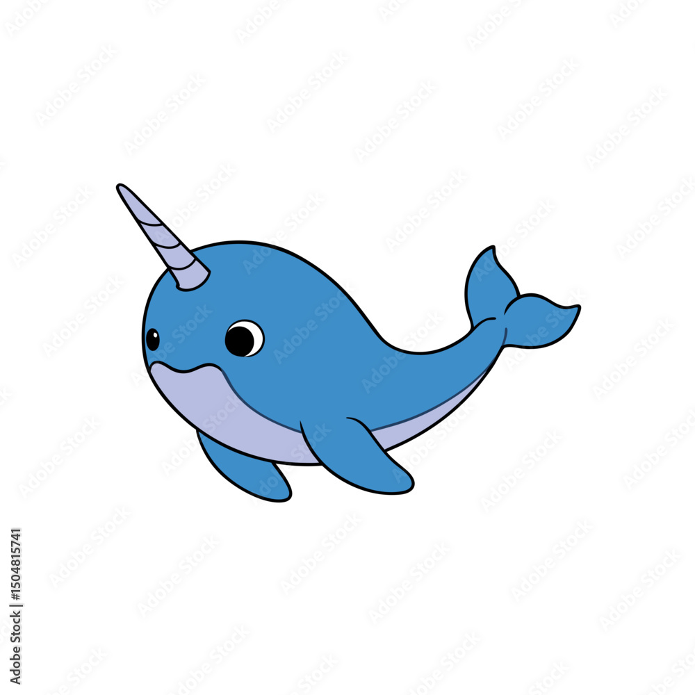 Obraz premium Happy Narwhal Cartoon Vector Illustration in Kawaii Jumping Side View Style