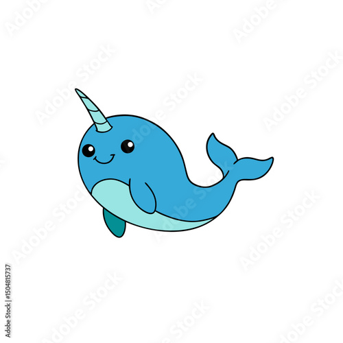 Side View of a Cute Jumping Narwhal in Kawaii Cartoon Vector Art Style