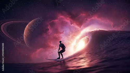 Silhouette surfer riding a wave in a cosmic landscape