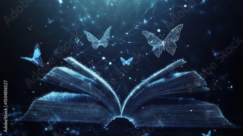 Conceptual illustration of an open book with digital butterflies and network