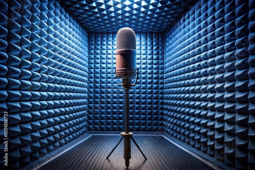 Studio Microphone in an Acoustically Treated Room with Blue Soundproofing Panels