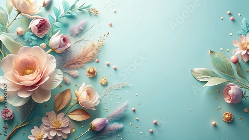 Elegant pastel floral arrangement with decorative elements on a light blue background