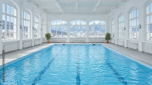 Indoor swimming pool with panoramic mountain views.