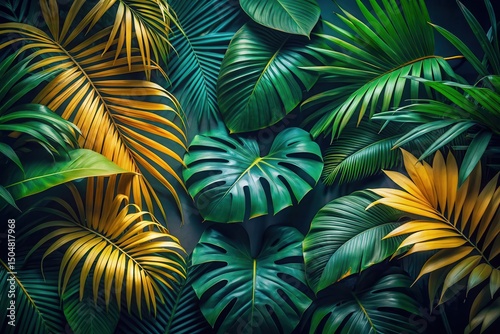 Lush Tropical Foliage A Vibrant Display of Emerald and Golden Palm Leaves, Arranged in an Artistic Composition for Natural Backgrounds