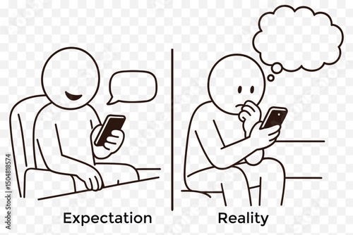  Expectation vs Reality Comic – Minimalist Line Art of Phone Messaging vs Overthinking Response