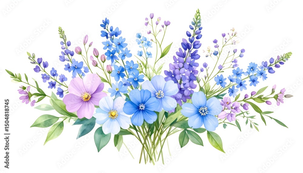 Obraz premium Floral bouquet composition of meadow flowers in blue and purple, watercolor style with fine details and soft texture, isolated on white