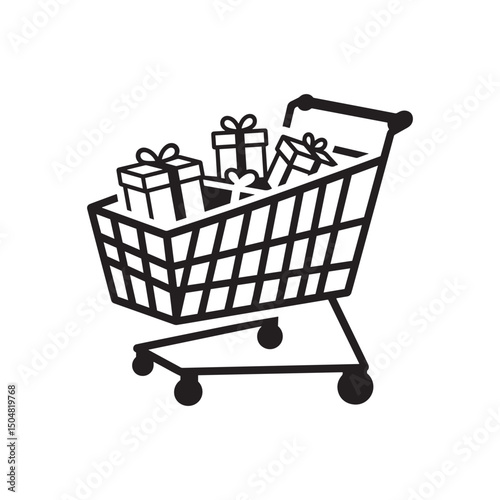 Shopping Cart Full of Gift Boxes Silhouette – Vector Style Black and White Illustration