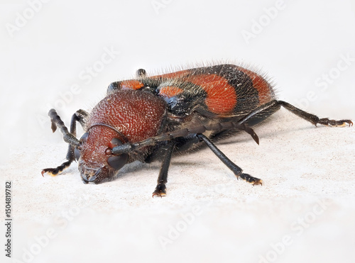 A Close-up Focus Stacked Image of a Red and Black Beetle on a White Background