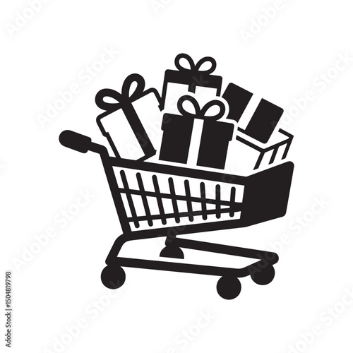 Shopping Cart Full of Gift Boxes Silhouette – Vector Style Black and White Illustration