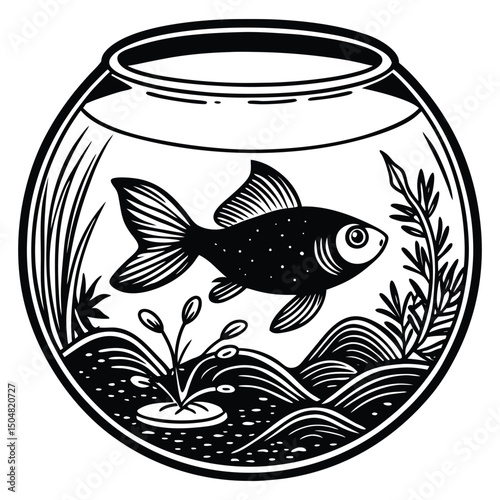 A single goldfish swims in a round glass bowl, peaceful aquatic scene in soft lighting vector .