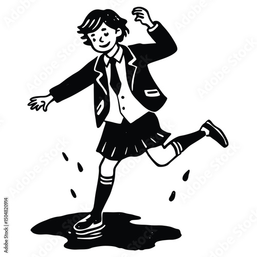 Child in School Uniform Jumping in a Puddle Vector Illustration Design