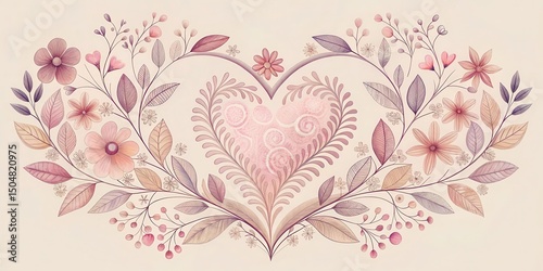 Delicate Floral Heart Design with Intricate Leaf and Blossom Details, Perfect for Romantic Invitations or Decorative Prints