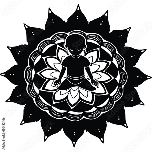 Mandala Design with Kid Figure and Puddle Elements in Vector Format