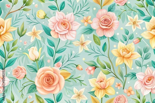 A delightful seamless pattern of pastel roses, daffodils, and other spring blossoms on a tranquil aqua background