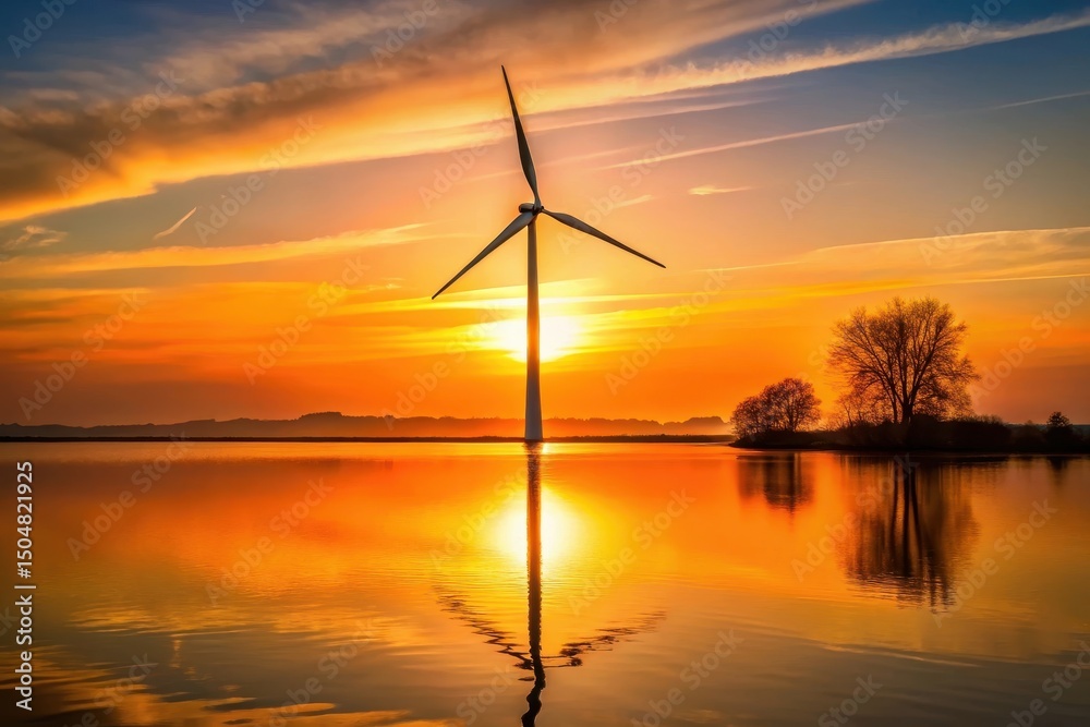 Obraz premium Golden Hour Energy A Wind Turbine Silhouetted Against a Vibrant Sunset Reflected in Calm Waters