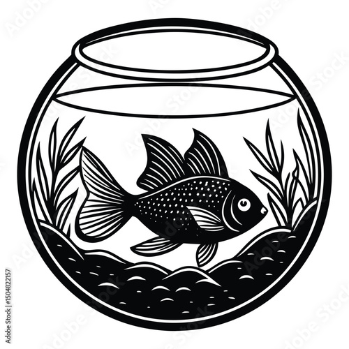 A single goldfish swims in a round glass bowl, peaceful aquatic scene in soft lighting vector .