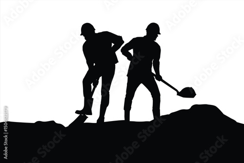 Silhouettes of two workers digging with shovels
