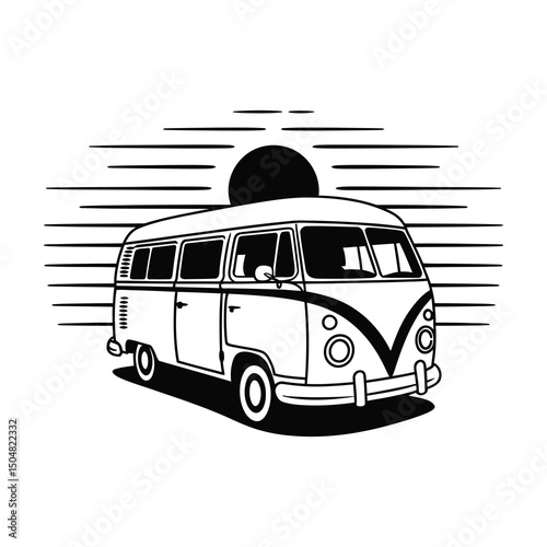 Vintage camper van sunset retro travel illustration
