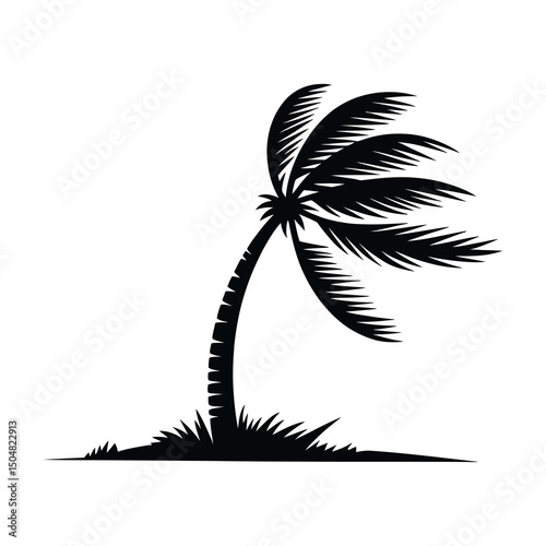 Tropical palm tree silhouette bending in strong wind