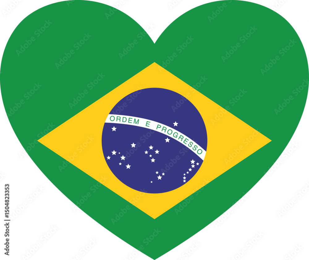 Fototapeta premium Brazilian flag in the shape of a heart on a transparent background. Vector illustration. High resolution PNG file
