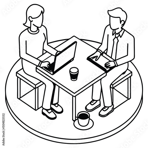 Business meeting between two people with laptops and coffee discussing work. Isometric vector 
