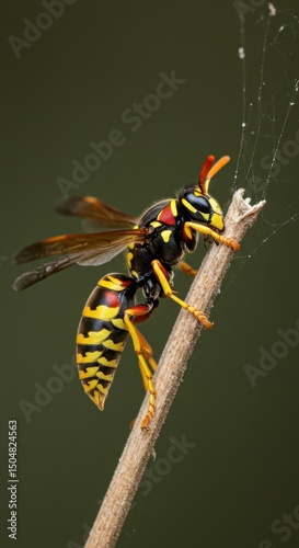 Magnificent Yellow Jacket Wasp on a Twig: A Close-Up Macro Photograph photo