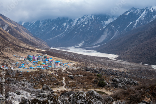 Beautiful view of Kyanjin Gompa the end of the Langtang Valley Trek in Nepal. It’s a beautiful town with an incredible backdrop of snow peaks in all directions. photo