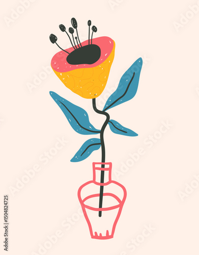 Floral composition with bold bright hand-drawn textured crazy flowers, a ready-made template for funny modern poster or postcard in naive style, vector illustration