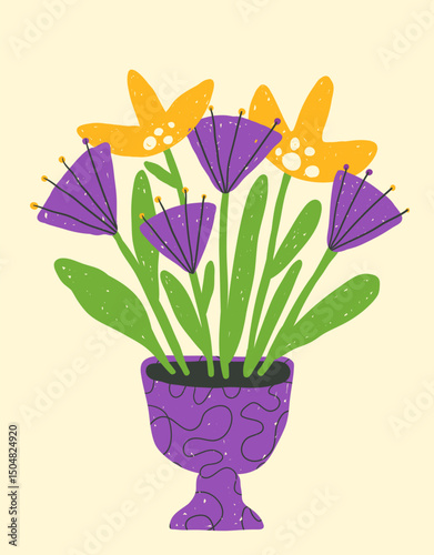 Floral composition with bold bright hand-drawn textured crazy flowers, a ready-made template for funny modern poster or postcard in naive style, vector illustration