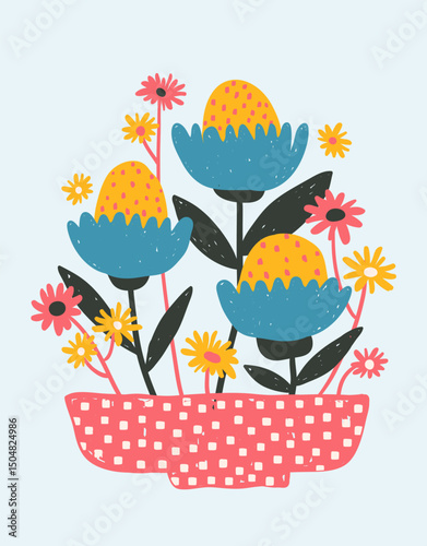 Floral composition with bold bright hand-drawn textured crazy flowers, a ready-made template for funny modern poster or postcard in naive style, vector illustration