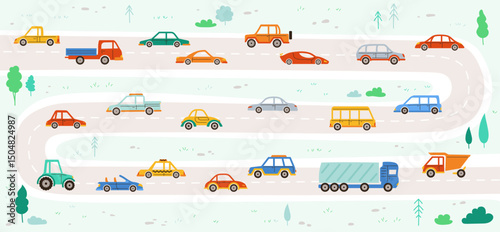 Road map with cars cartoon style illustration. Highway traffic abstract print for textile, apparel, fabric, carpet, nursery cloth. Cute children simple poster vector pickup, bus tractor truck, taxi