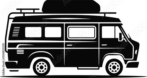 Vintage camper van black and white illustration travel adventure