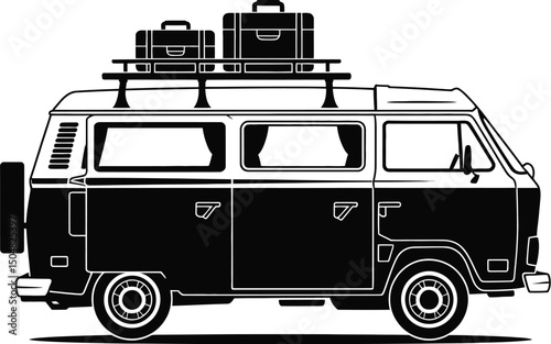 Vintage camper van with luggage on roof rack black and white illustration