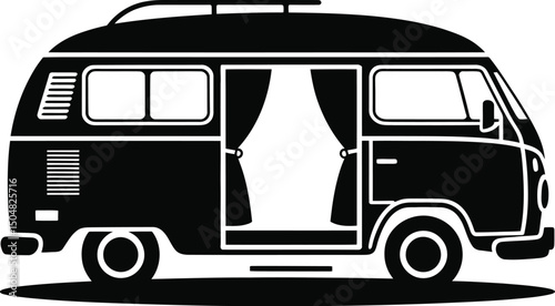Classic vintage camper van black silhouette illustration