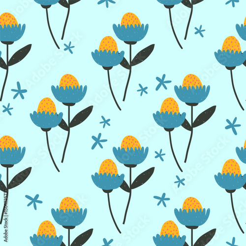 Bold positive and bright floral seamless pattern, hand drawn background with funny naive flowers, textile or fabric print vector illustration