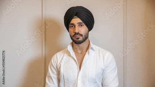 Confident Man in Turban Standing Against Wall in Modern Attire