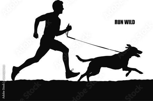 Man and dog silhouettes running wild together outdoors