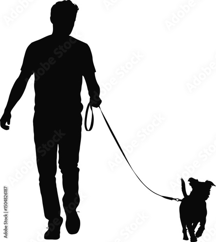Man walking small dog silhouette casual stroll outdoors