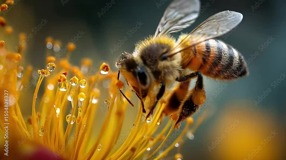 Macro of bee collecting pollen from a flower