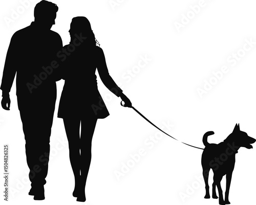 Couple walking dog silhouette romantic stroll black and white