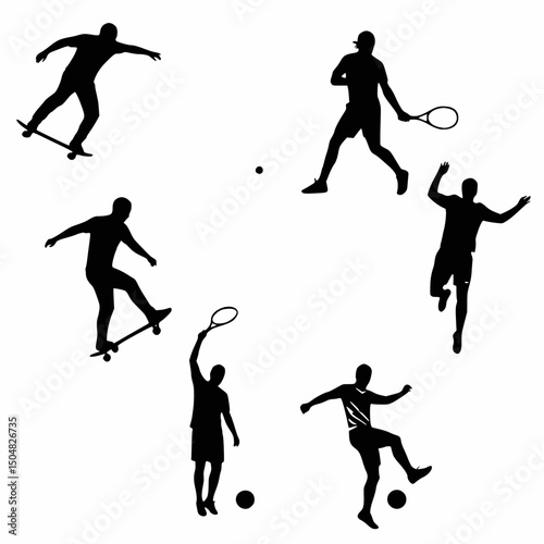 Circular arrangement of silhouettes of people playing various sports.