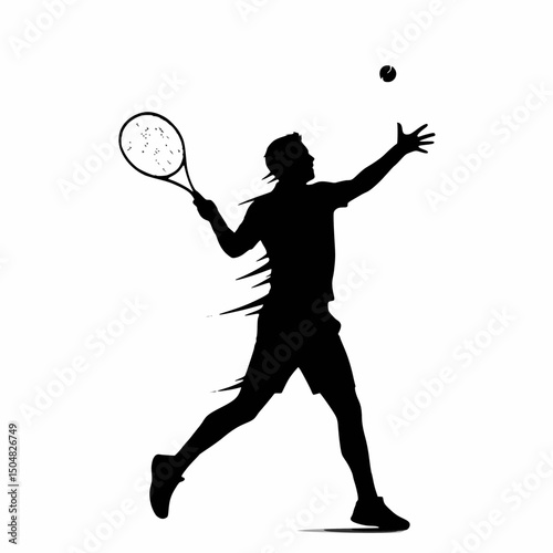 Silhouette of a tennis player serving the ball with a racket.