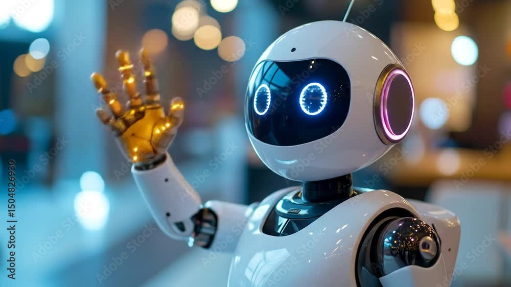 Friendly robot with glowing hand and eyes