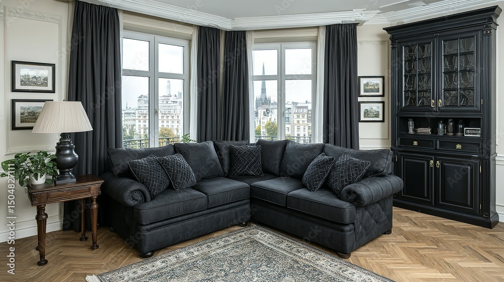 Fototapeta premium Dark gray sectional sofa in a classic living room setting.