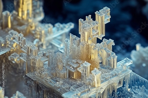 A high-magnification shot of frost crystals forming on a glass surface, with complex fractal patterns and a wintery atmosphere.Microscopic textures.Cellular patterns.Abstract biology.