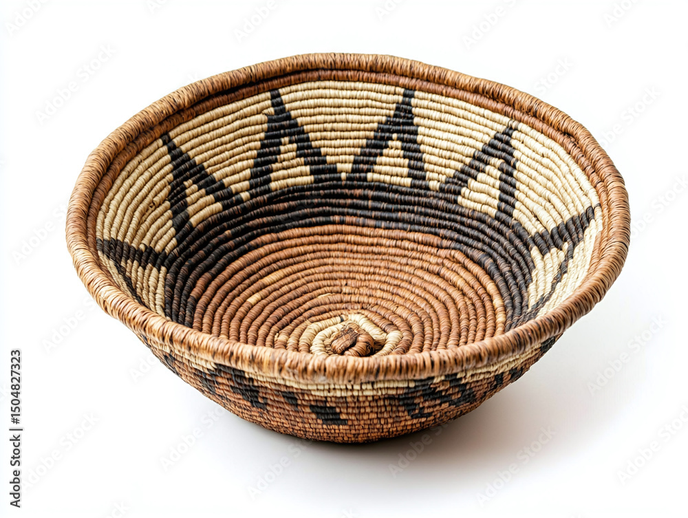 Fototapeta premium A handwoven basket, isolated on a clean white background, with woven patterns and no shadow.