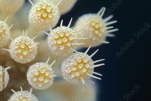 Abstract biology.Microscopic textures.Cellular patterns.A photograph of pollen grains under high magnification, emphasizing their spiky spherical forms in soft yellows and whites