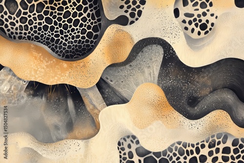 A hand-drawn abstract illustration mimicking microscopic textures, with hexagonal patterns and soft organic shapes.Microscopic textures.Cellular patterns.Abstract biology.