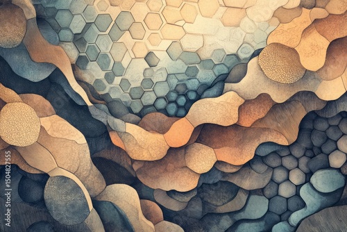A hand-drawn abstract illustration mimicking microscopic textures, with hexagonal patterns and soft organic shapes.Abstract biology.Microscopic textures.Cellular patterns.