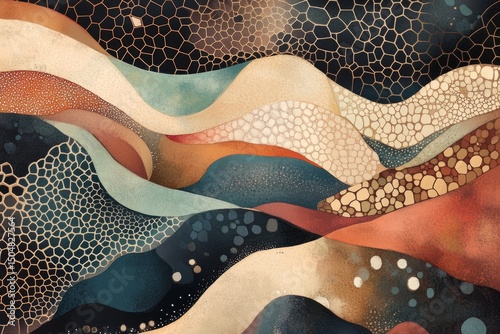 Abstract biology.Microscopic textures.Cellular patterns.A hand-drawn abstract illustration mimicking microscopic textures, with hexagonal patterns and soft organic shapes